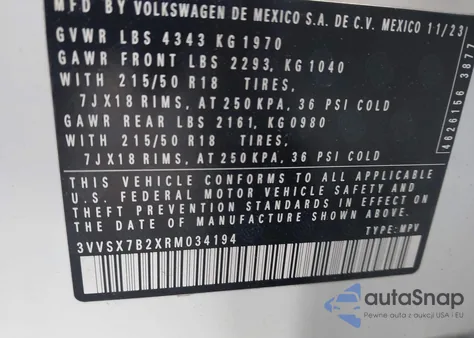 2024 Volkswagen Taos 1.5T Se z USA, uszkodzony, nr VIN 3VVSX7B2XRM034194